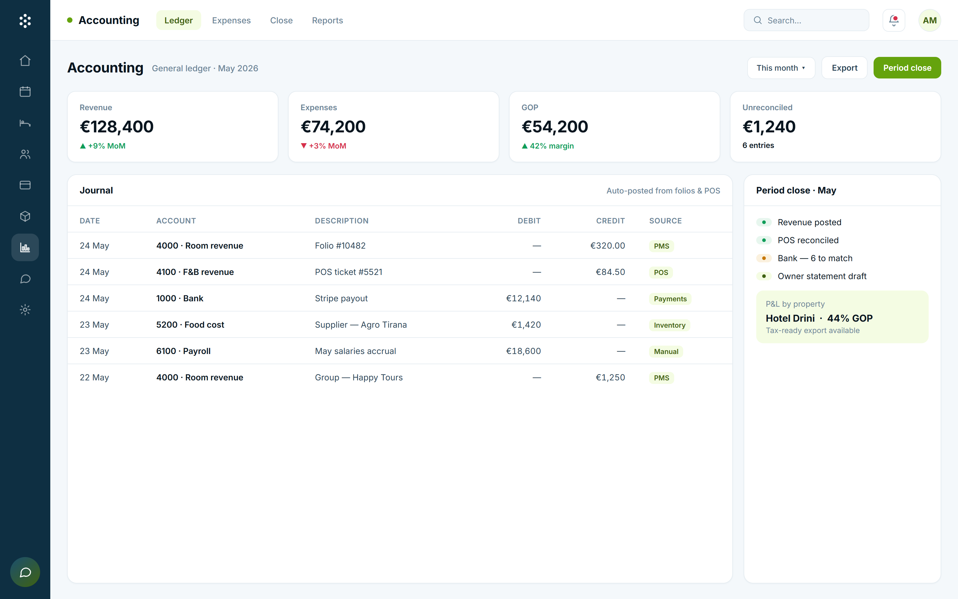 HotelBee accounting module with chart of accounts, expenses and P&L on a single screen