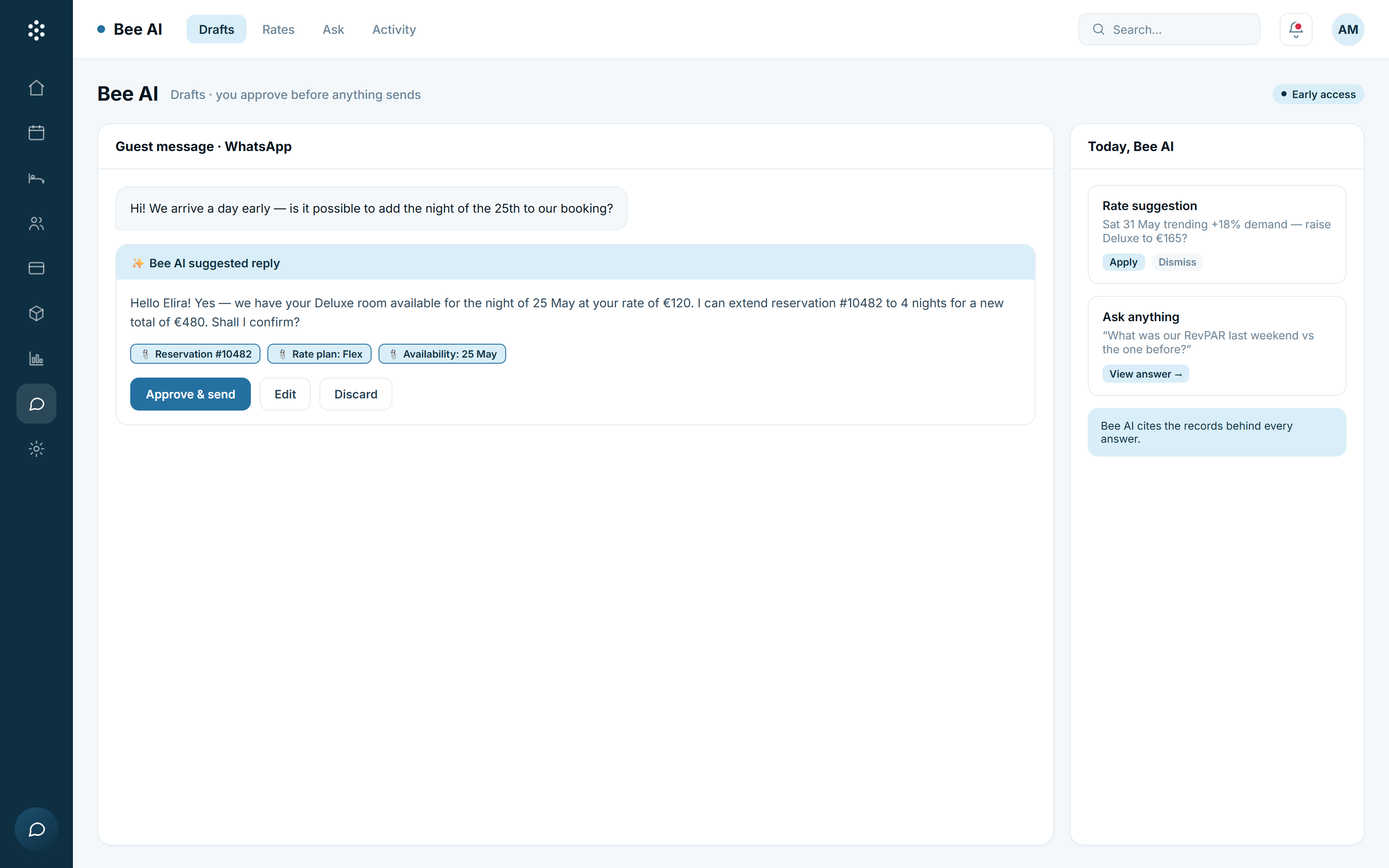 Bee AI panel with guest communication suggestions, rate moves and plain-language answers