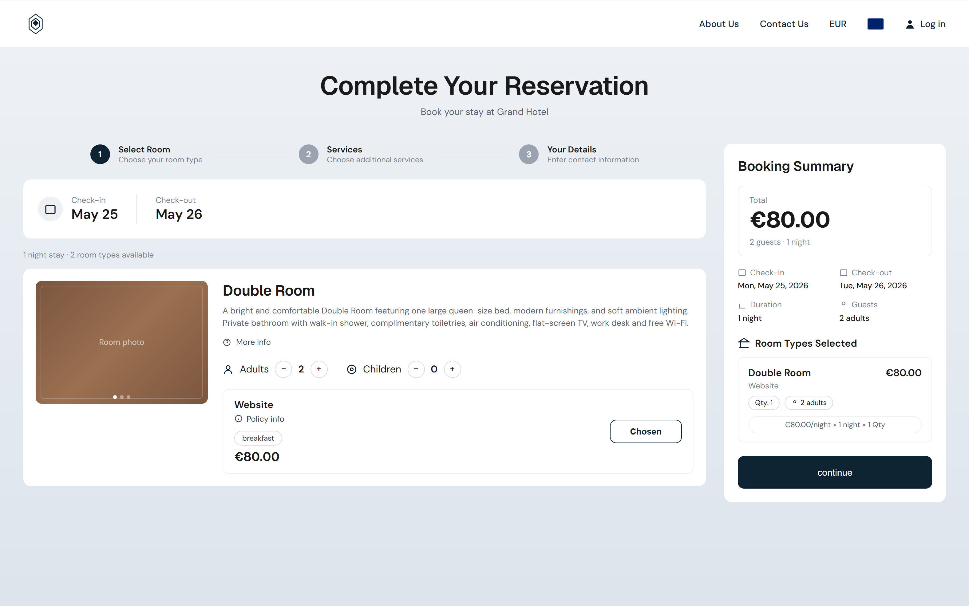 HotelBee booking engine room selection with branded theme and photography