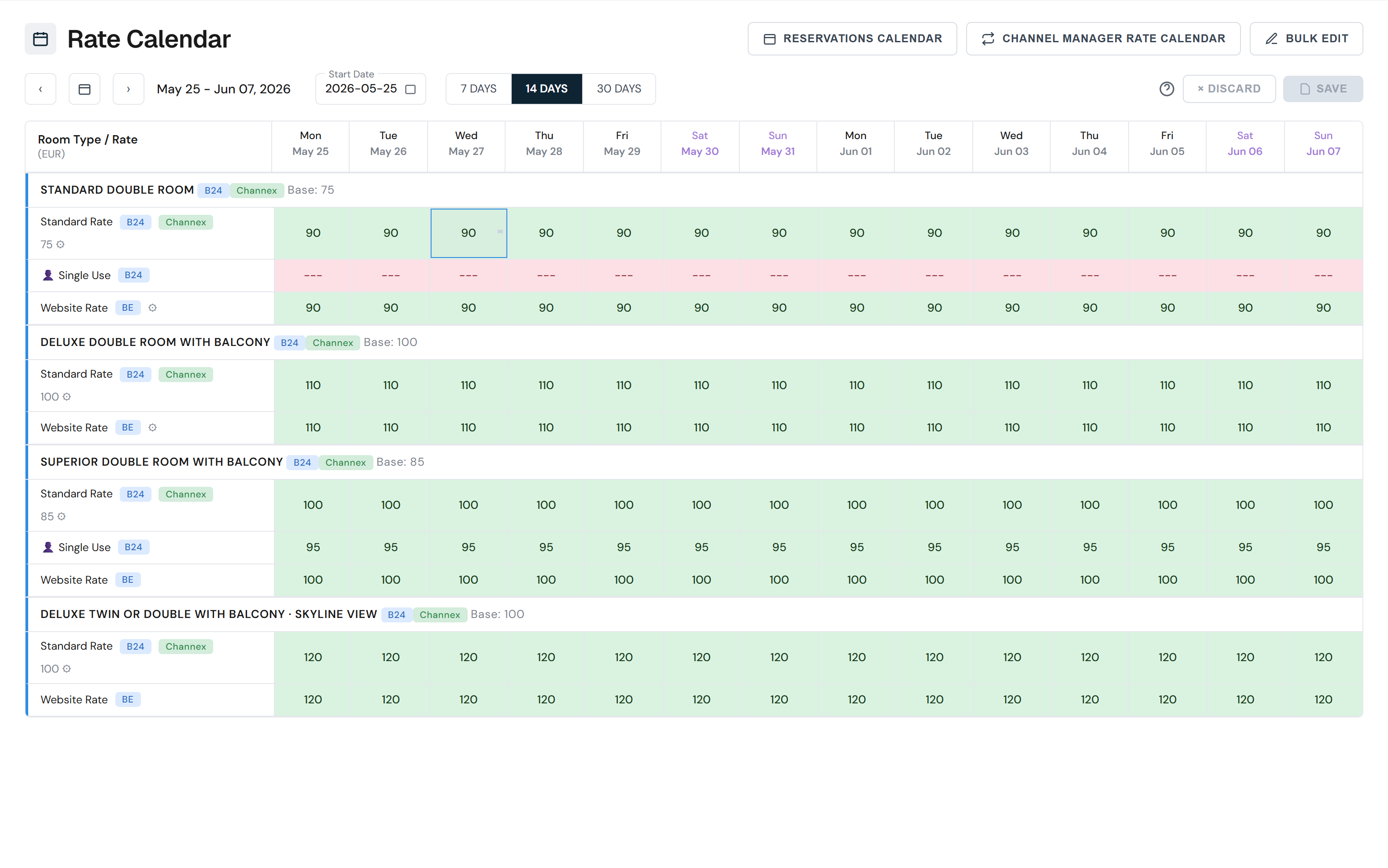 HotelBee channel restrictions calendar with min stay and stop-sell