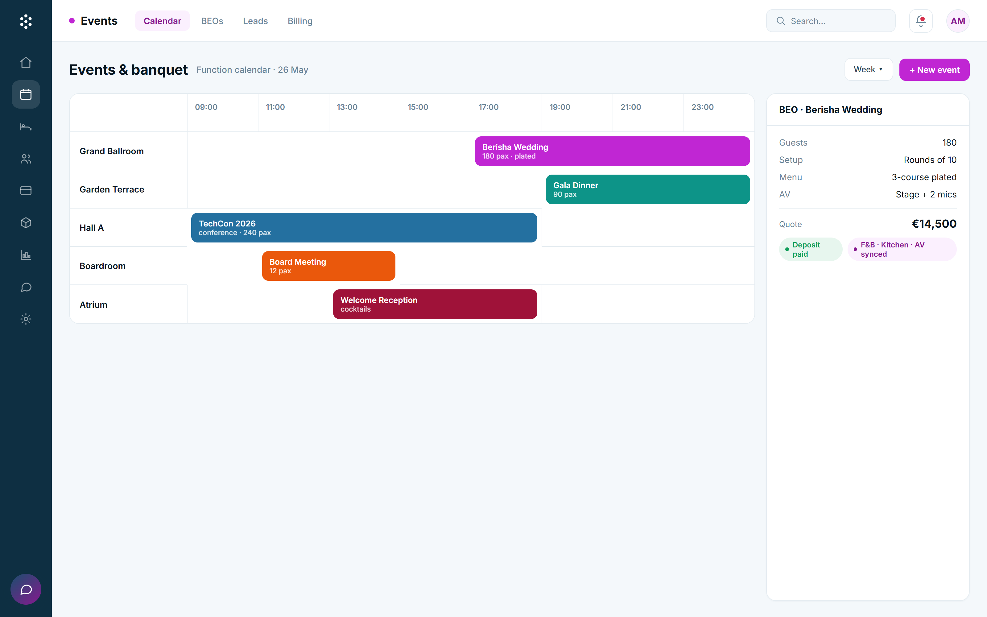 HotelBee BEO function sheet with per-team views