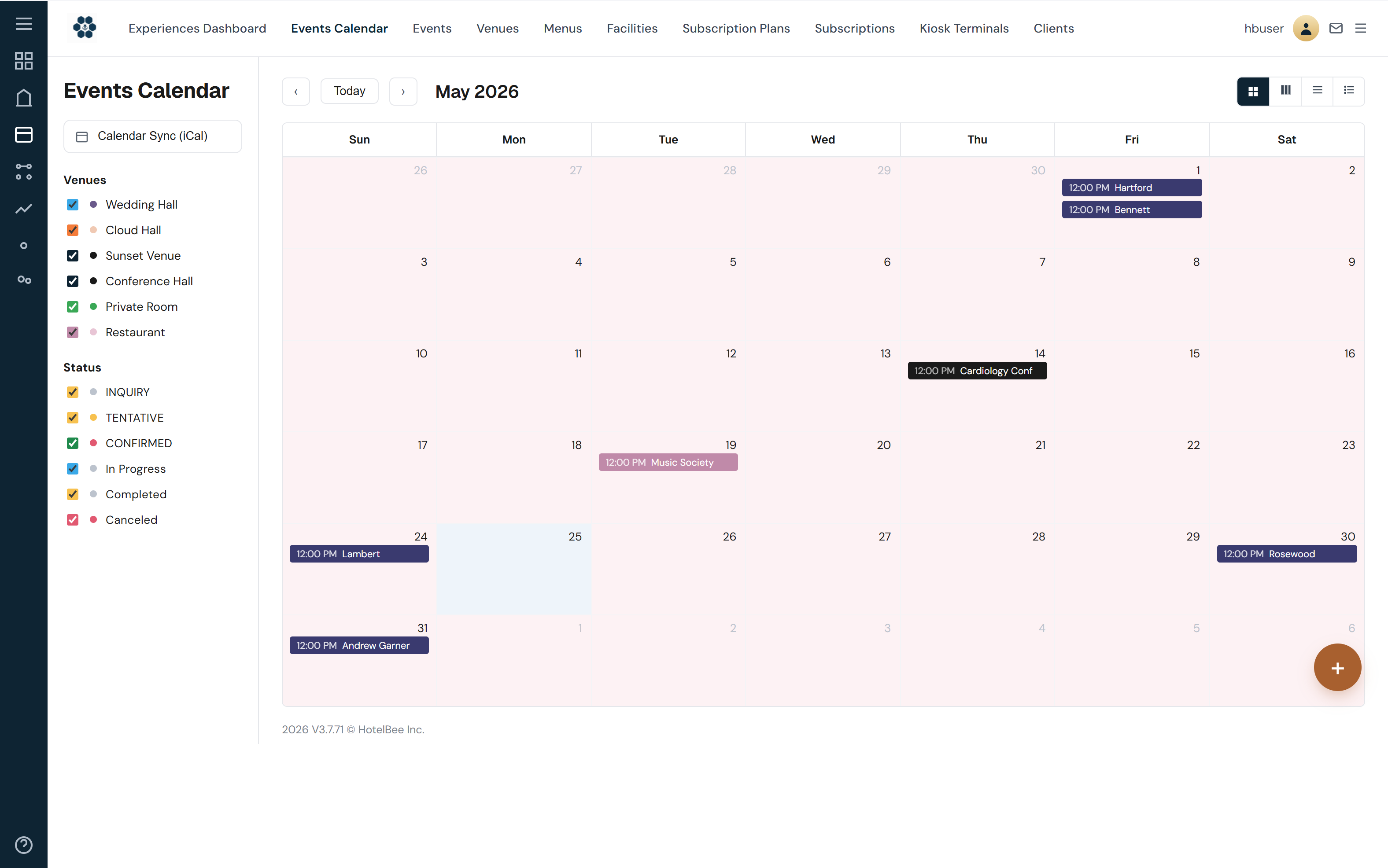 HotelBee event resource calendar with capacity and conflicts