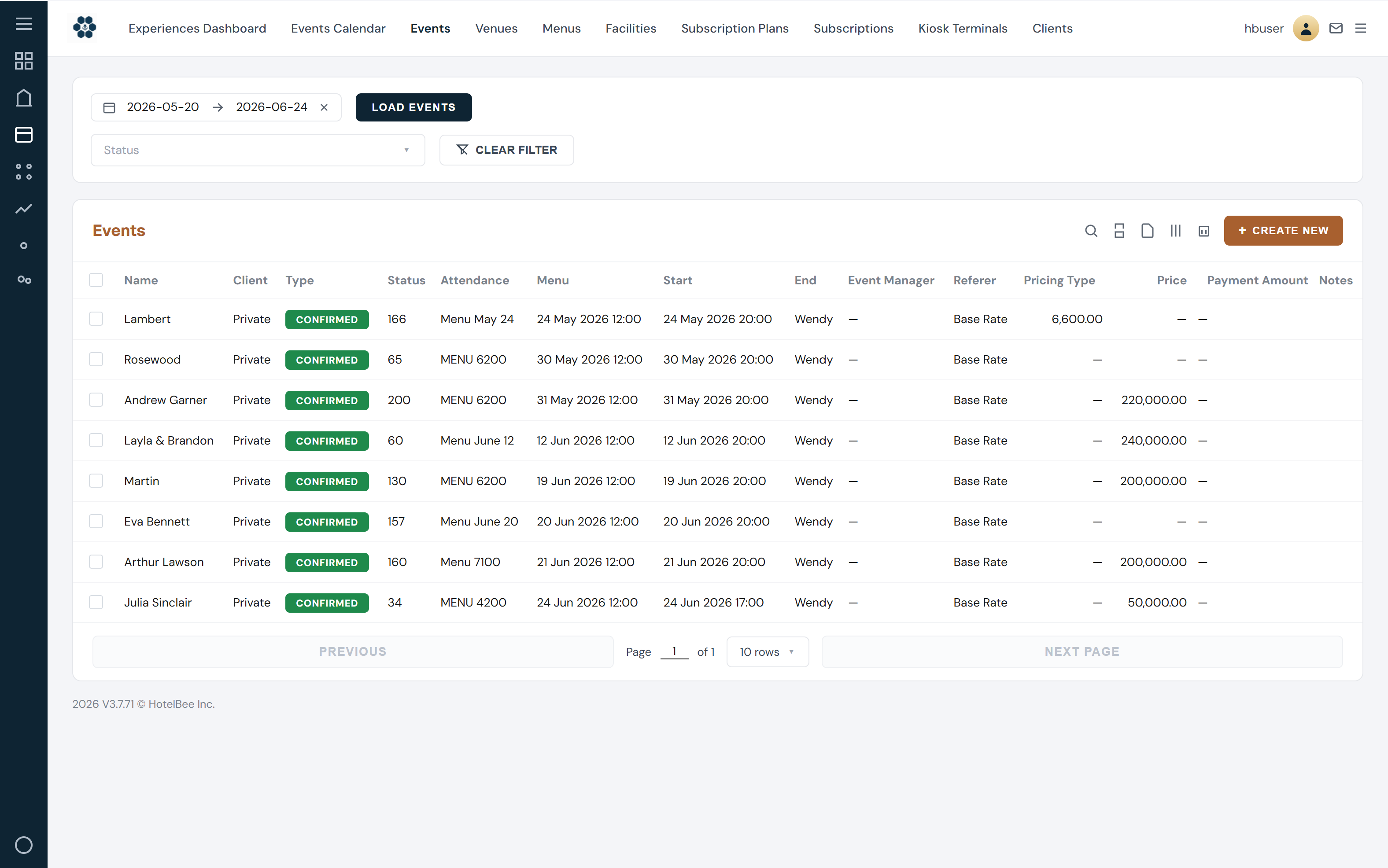 HotelBee event folio from quote to final invoice