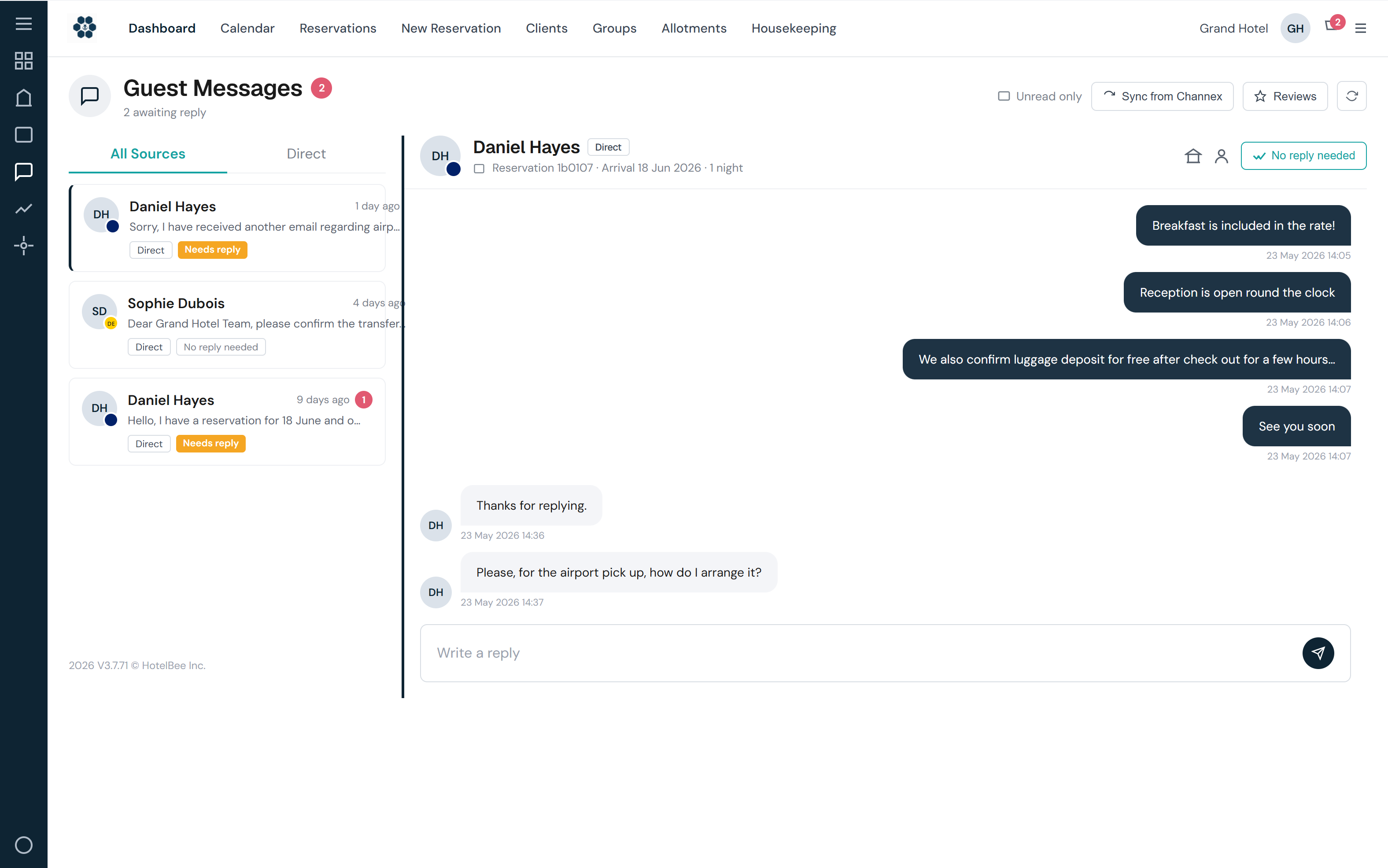 HotelBee unified guest message inbox syncing OTA and direct messages