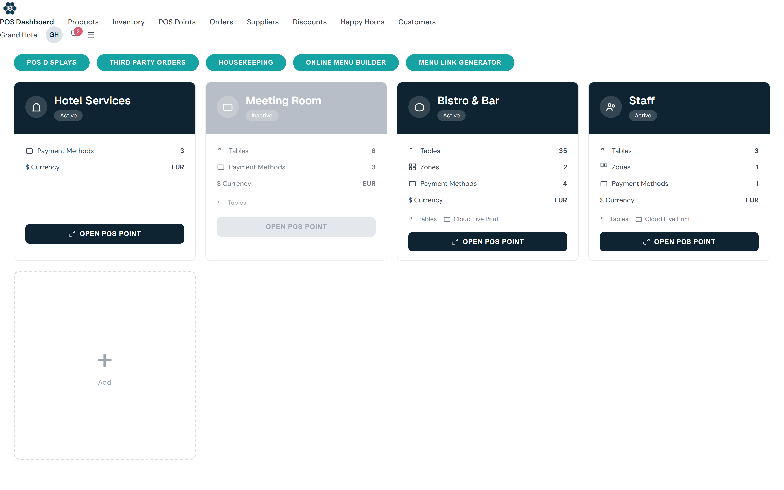 HotelBee multi-store inventory with bar, kitchen and banquet stock