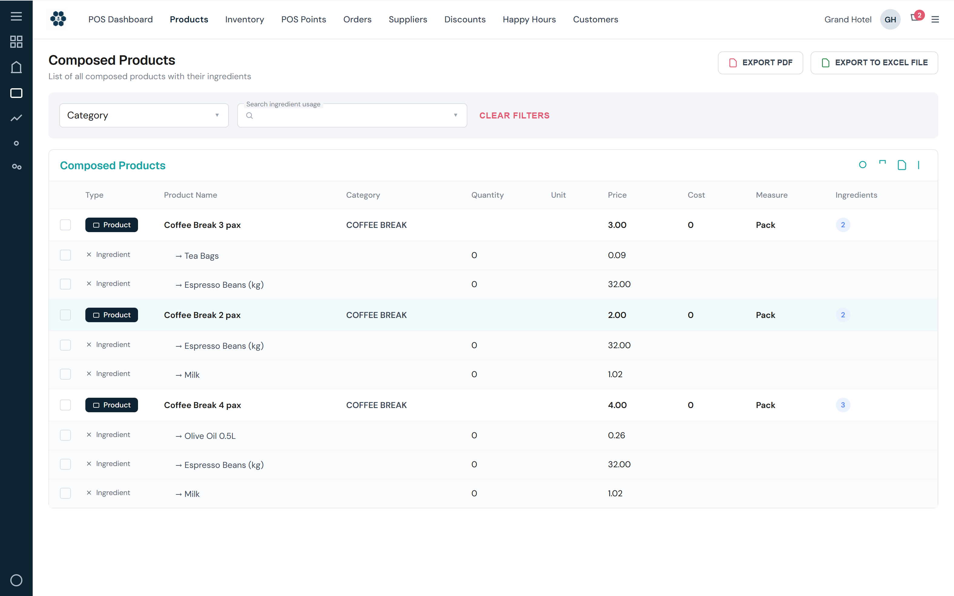HotelBee inventory recipe builder with cost calculation