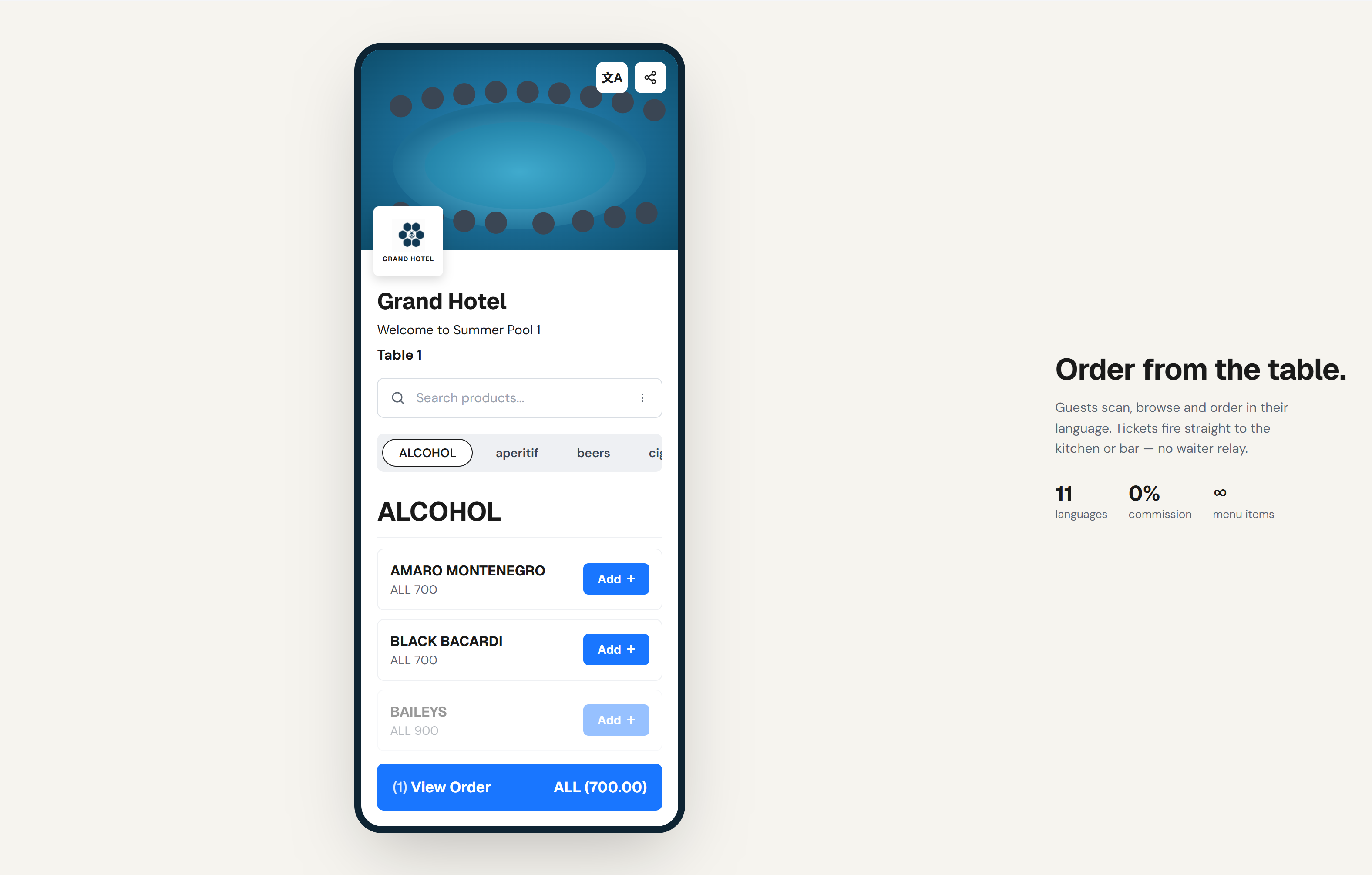 HotelBee online menu with language picker and allergen filtering