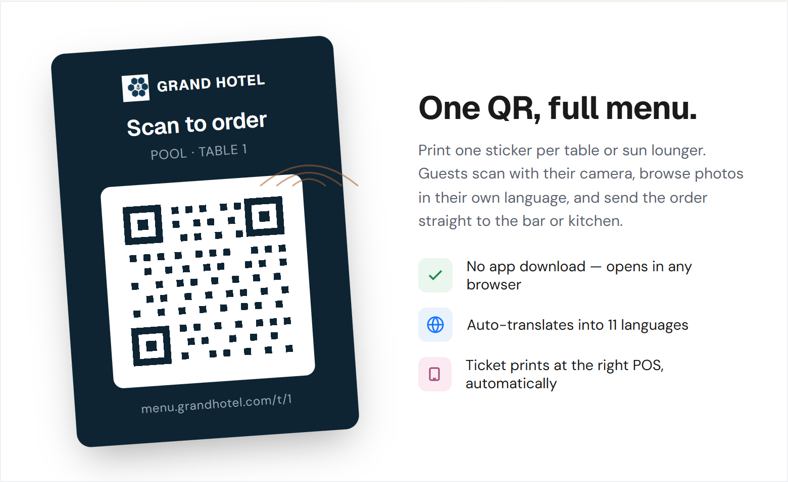 HotelBee online menu opening from a QR code with no app install
