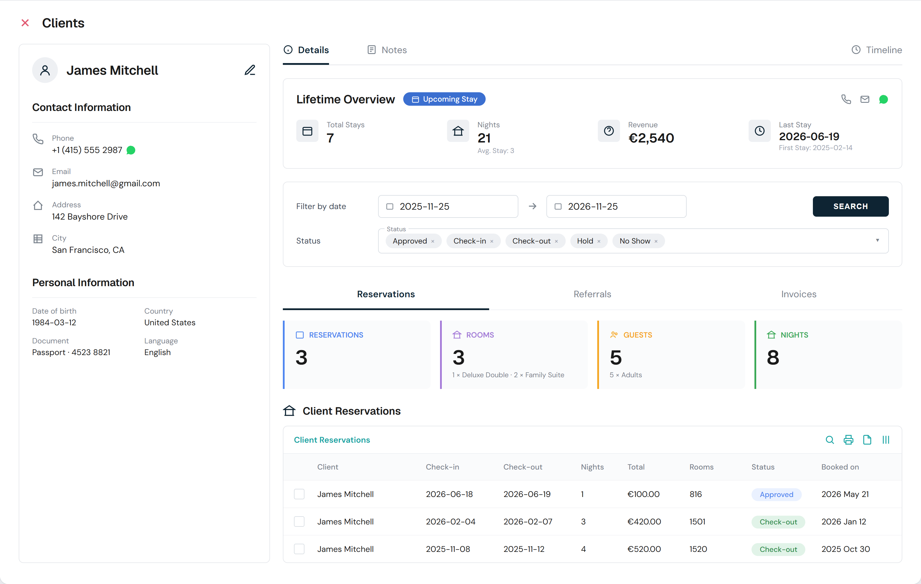 HotelBee guest profile with stay history and group booking details