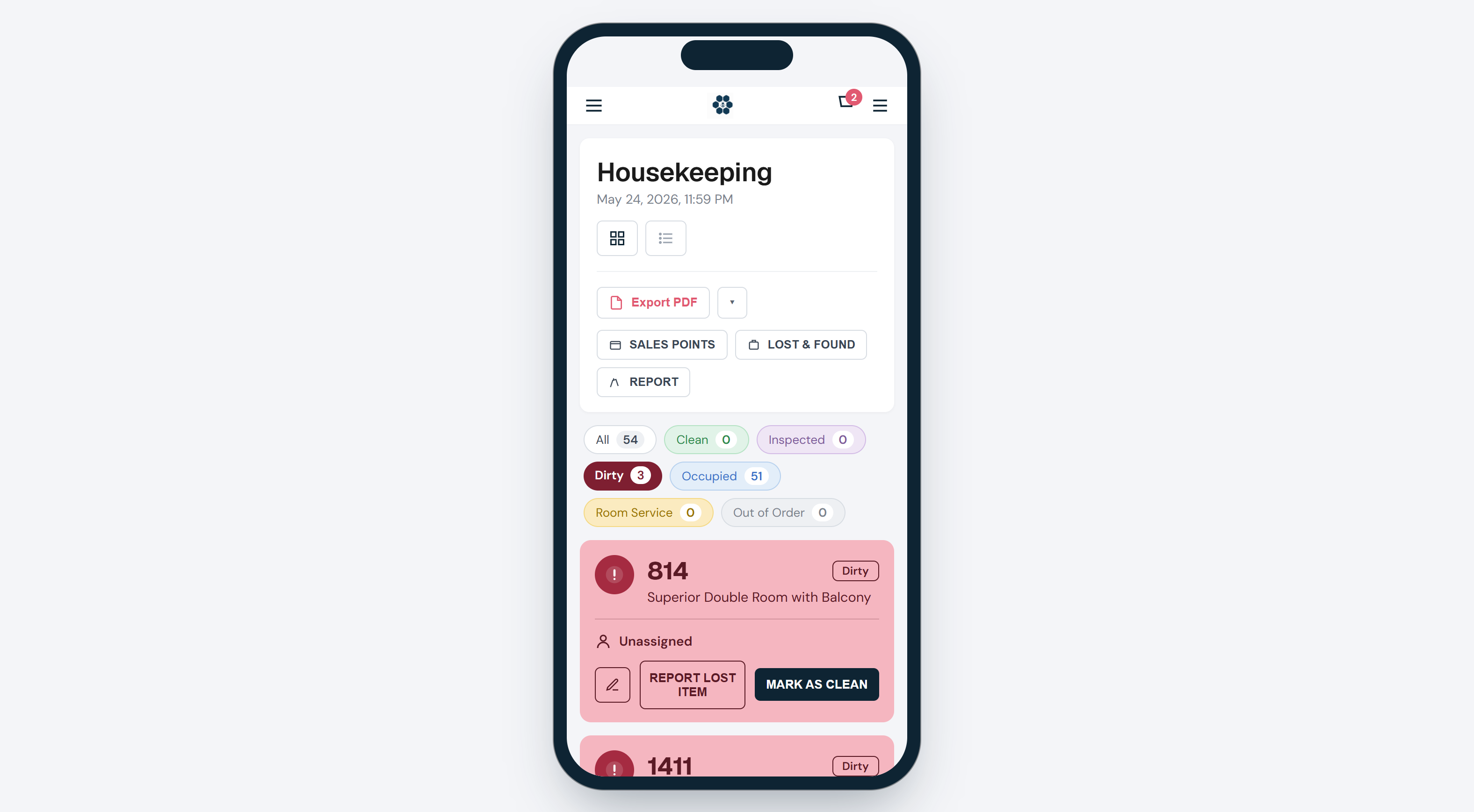 HotelBee housekeeping board with live room status
