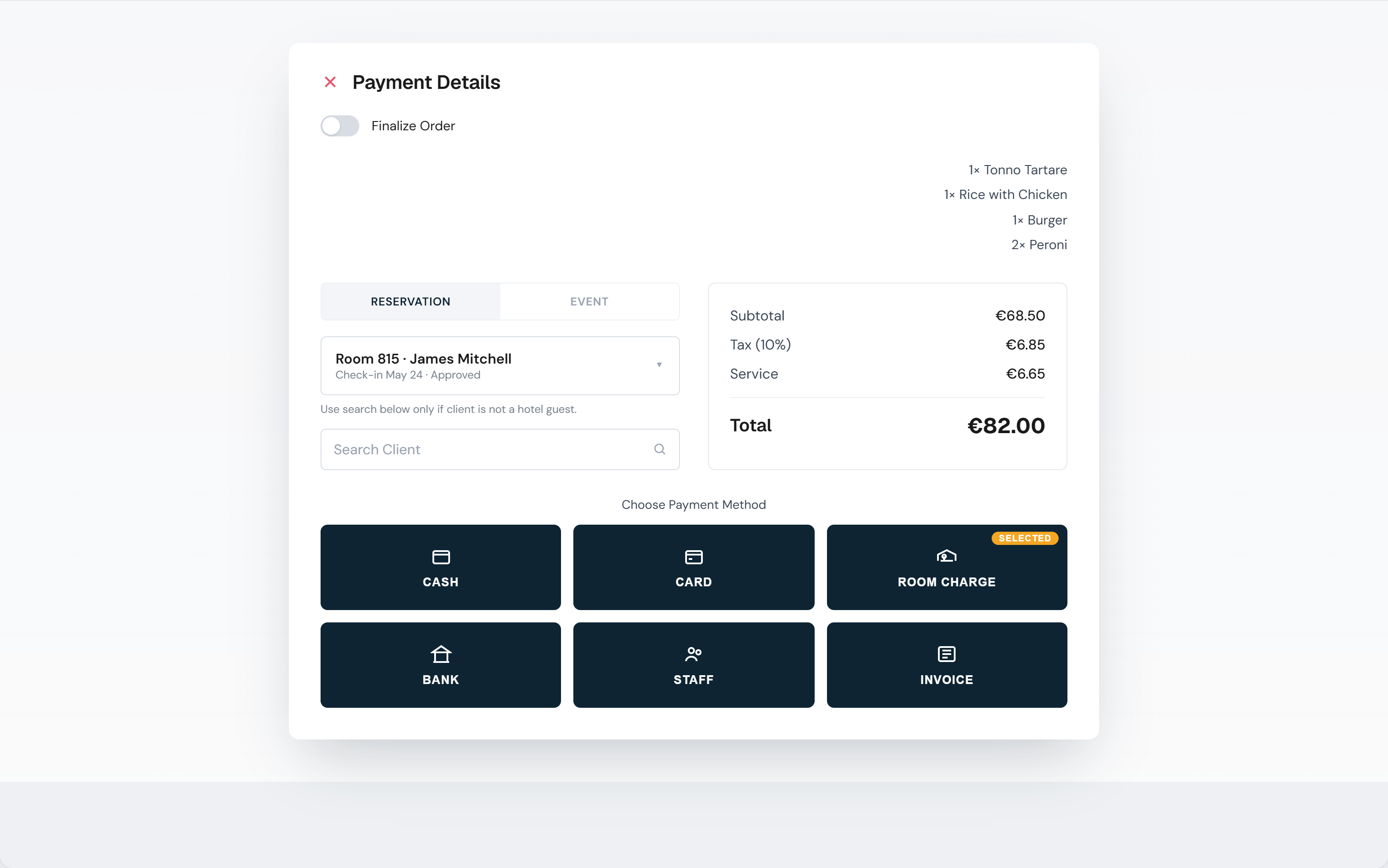 HotelBee POS tab management with split bill and charge to room