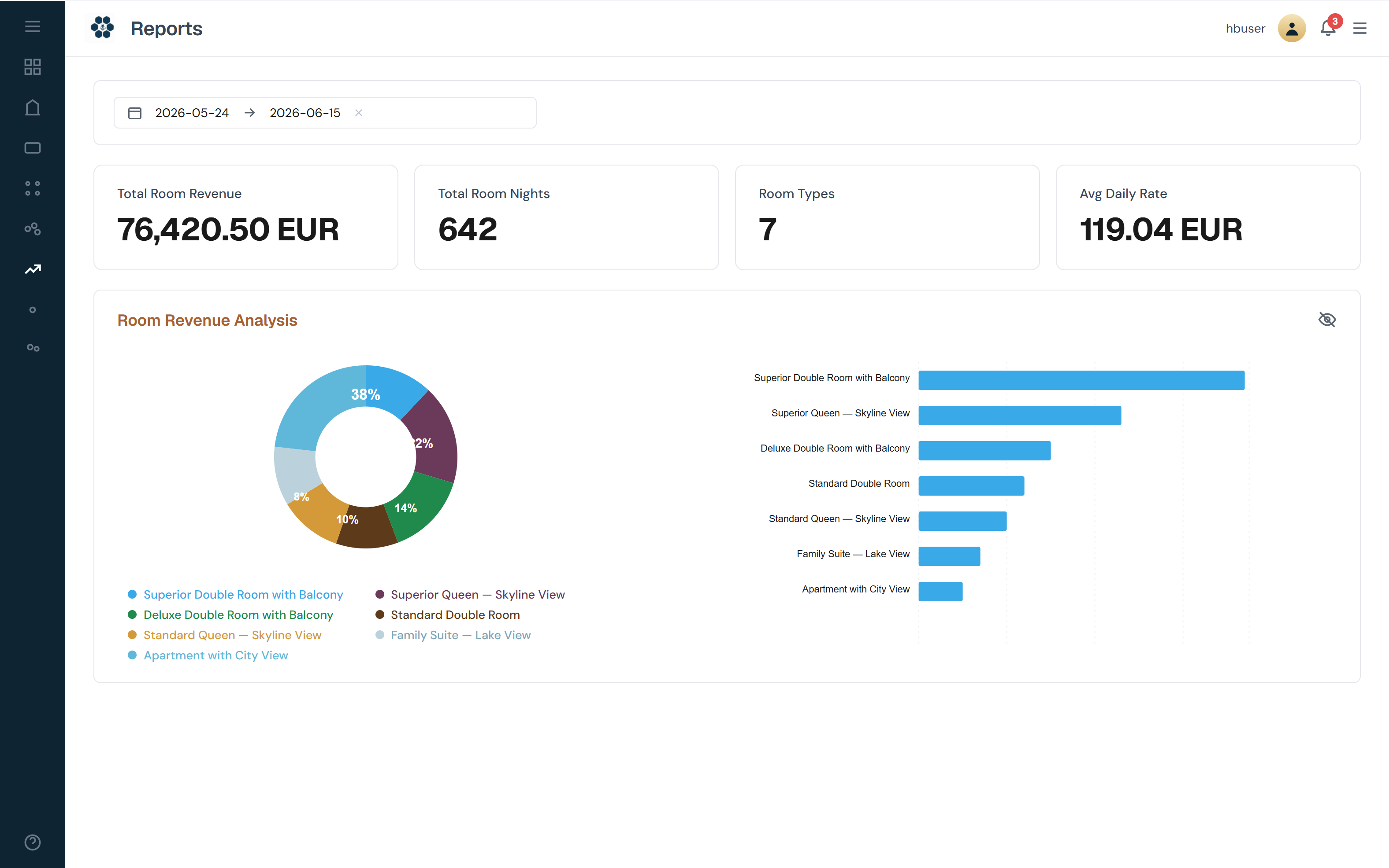 HotelBee custom report builder with drag-and-drop fields