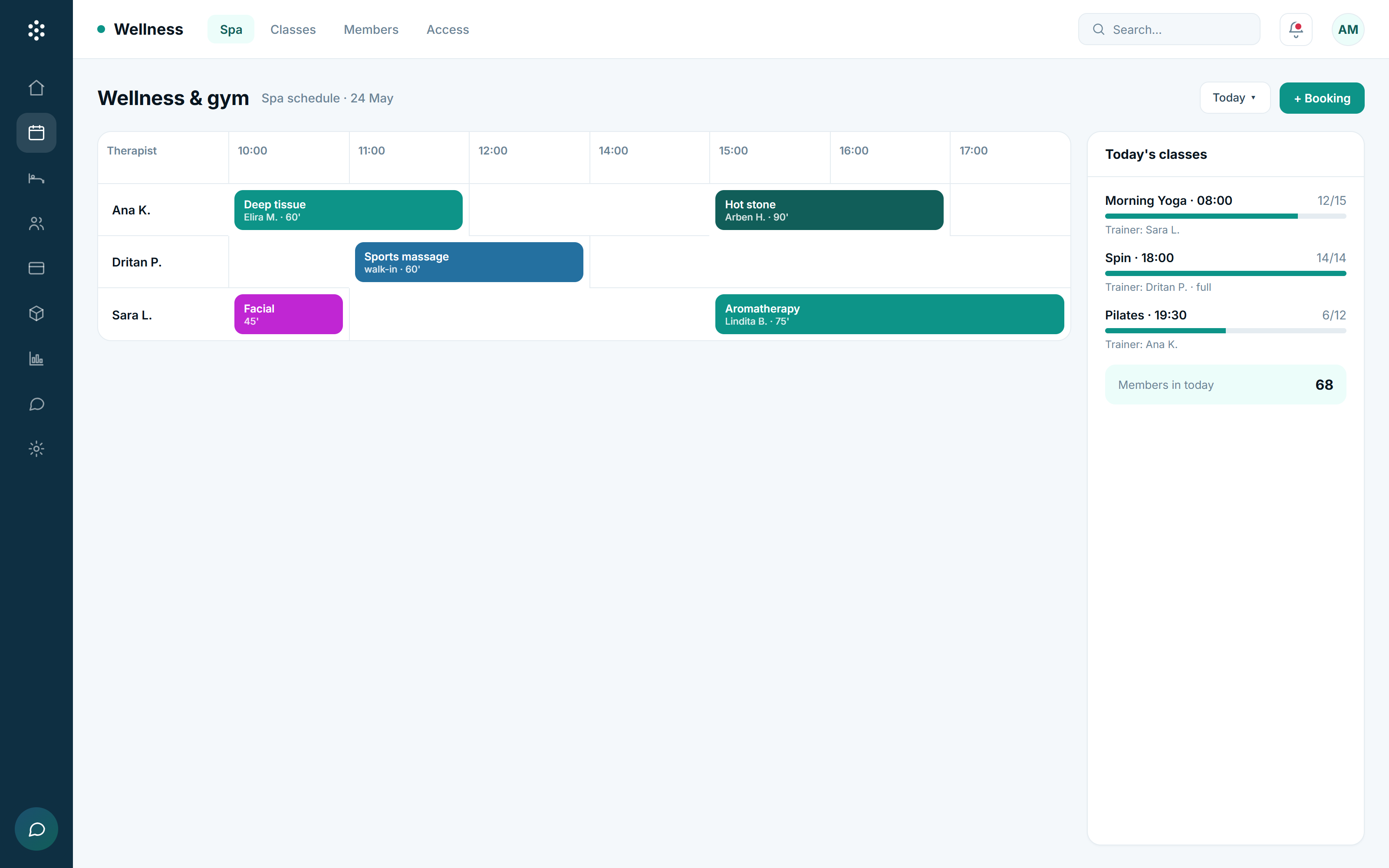 HotelBee spa booking grid with therapists, rooms and treatments