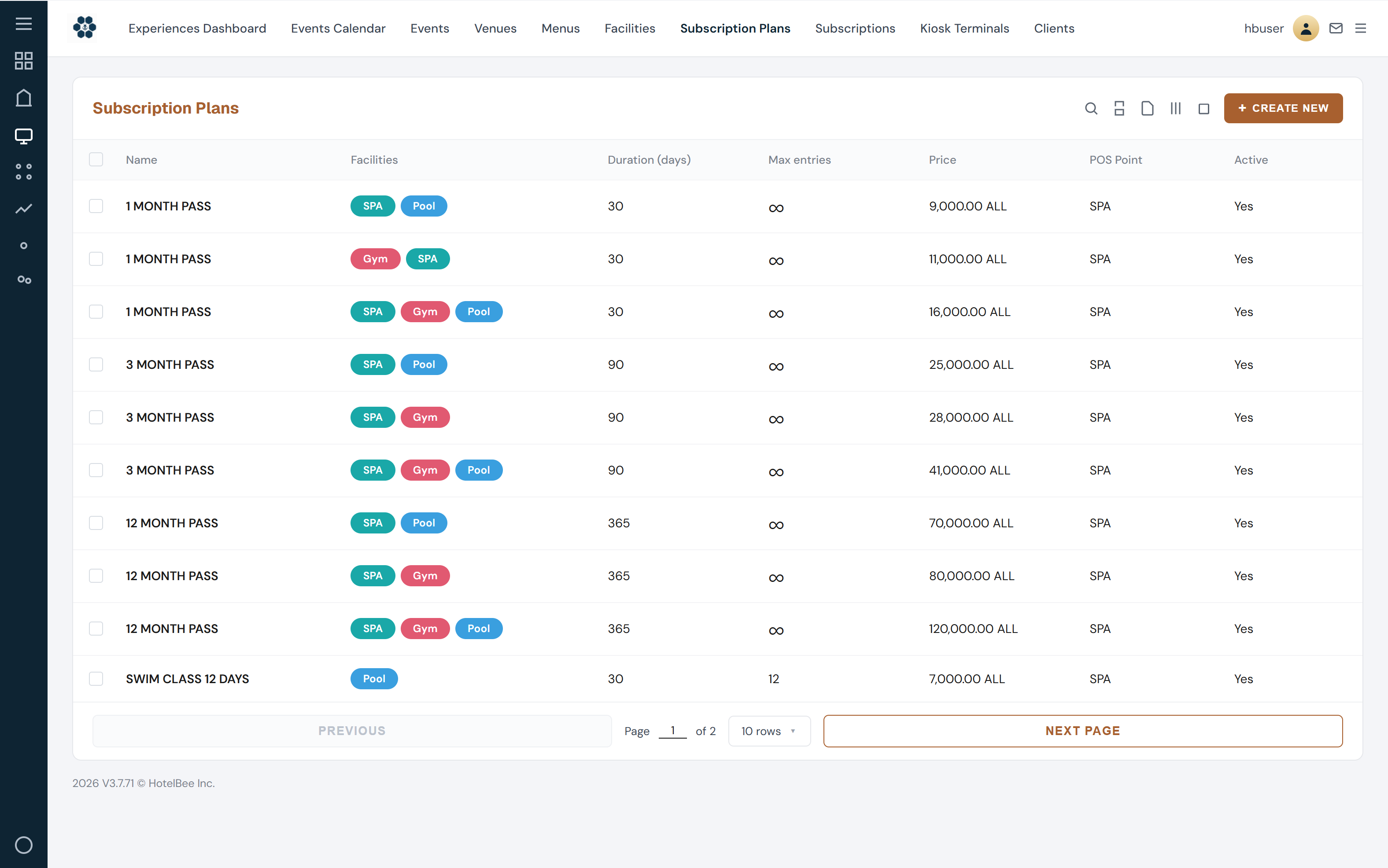 HotelBee wellness module with spa booking grid, class schedule and trainer roster